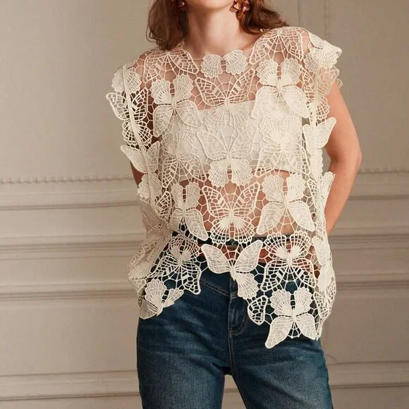 Beige Casual Women's Casual Butterfly Hollow Out Irregular Sleeveless Cover Up - Picture 5 of 6